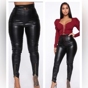 Stretchy Leather PU Pants with Attached Belt and Zippered Ankle